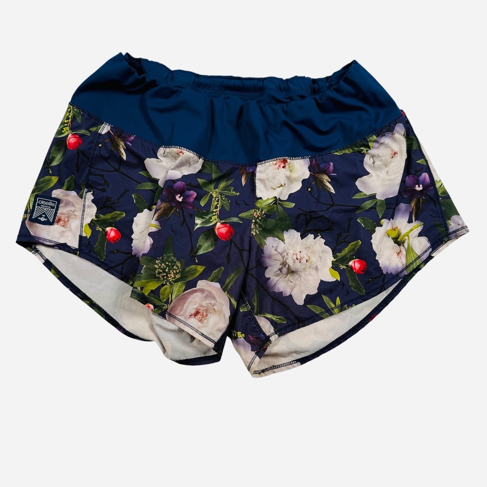 Oiselle Running Shorts‎ Womens 10 Navy Blue Floral Peony Print Athletic Running
